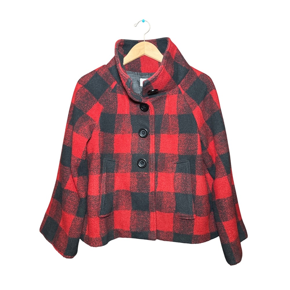 Tasha Polizzi Womens Red Black Buffalo Plaid Swing Pea Coat Funnel Neck Small